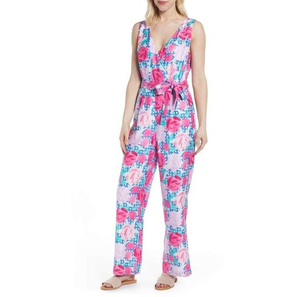 Vineyard Vines Kentucky Derby Run For The Roses Silk Blend Sleeveless Jumpsuit 8 - Picture 1 of 7